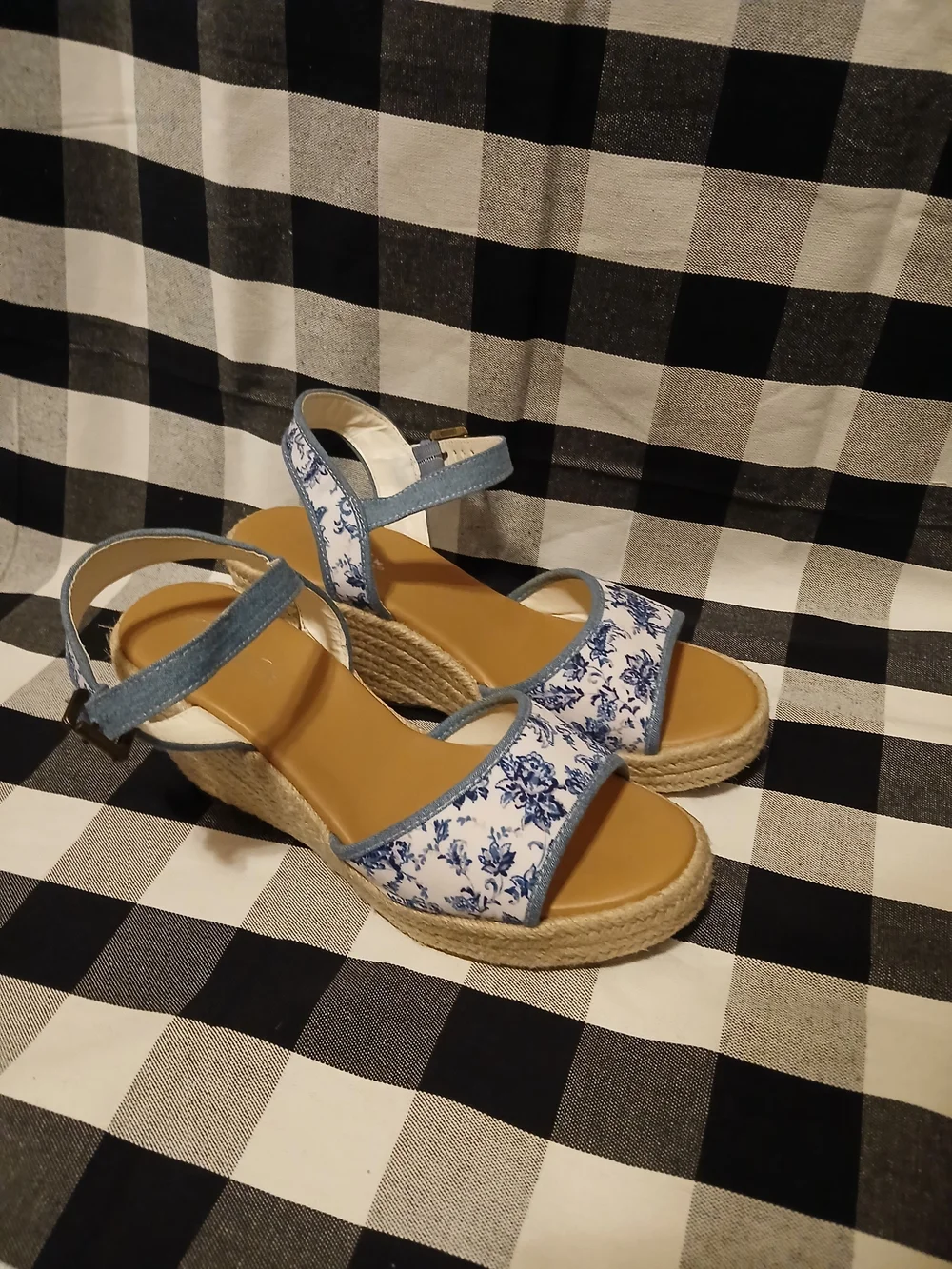 Blue Floral Espadrille Wedge Sandals - Women's Ankle Strap